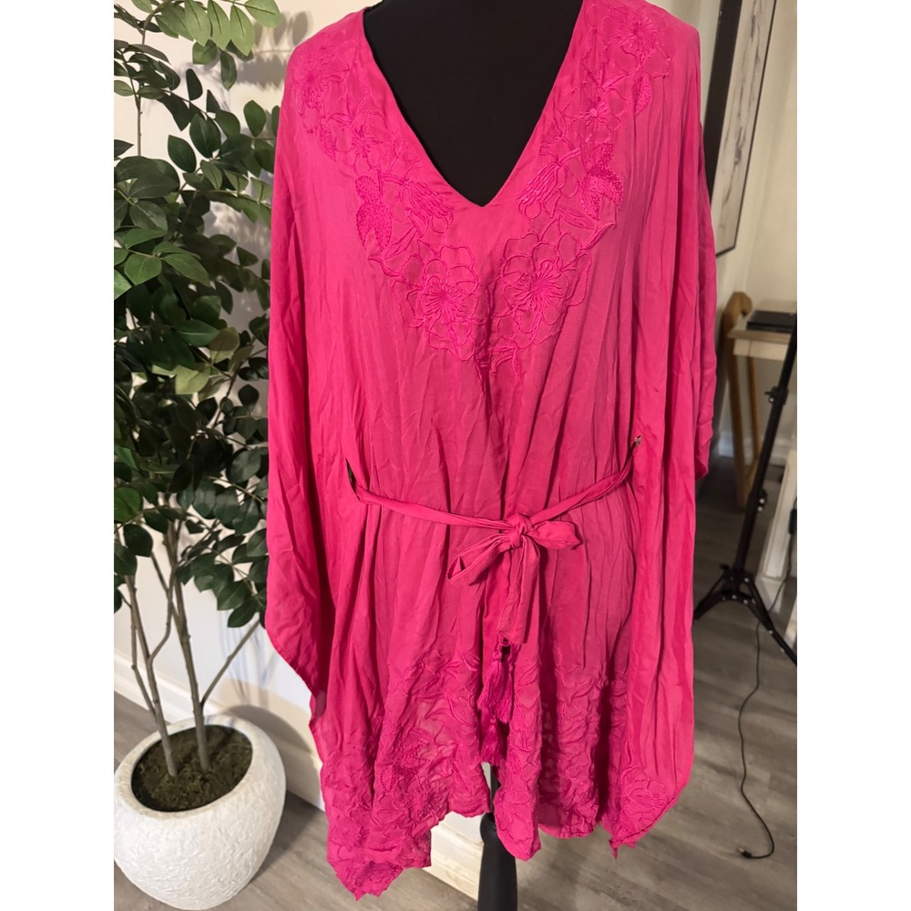 Trina Turk Hot Pink Embroidered Kaftan Tunic Top Tassel Tie Waist Small